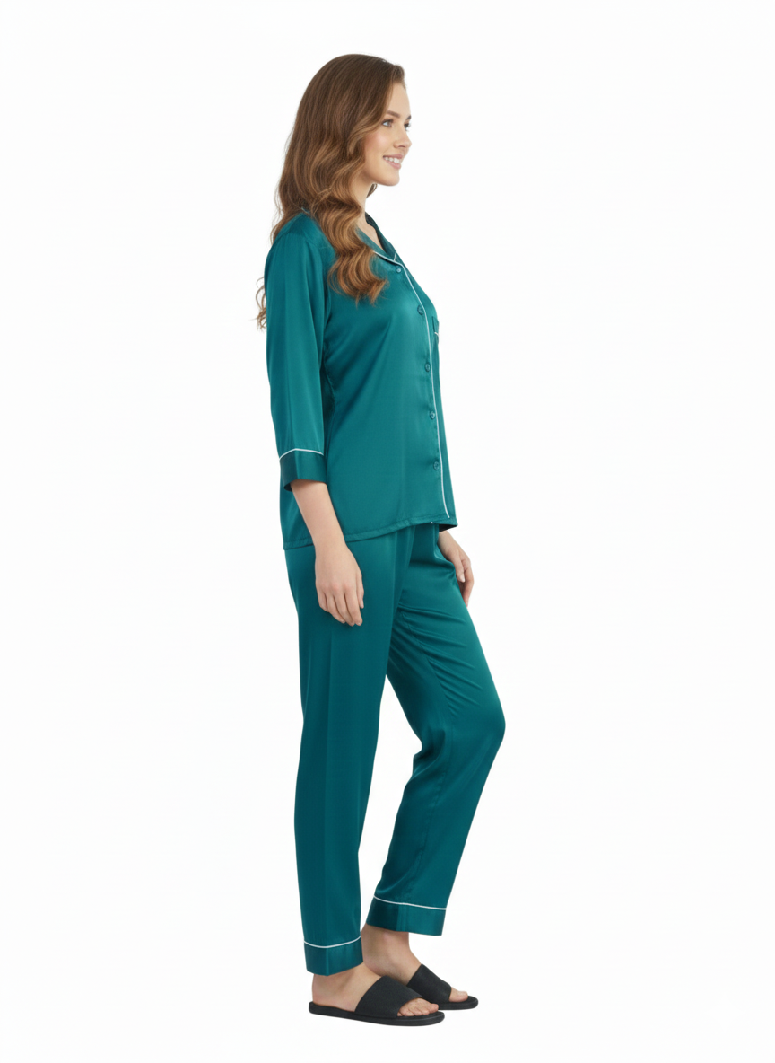 Emerald Jewel Armani Satin Nightsuit | Premium Rizqé by Zadine Deep Green Pyjama Set