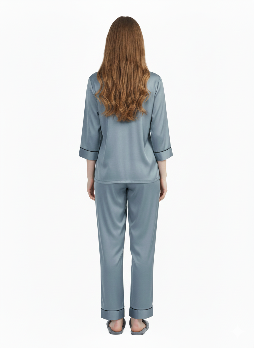 Dusty Blue Grey Armani Satin Nightsuit |Premium  Rizqé by Zadine Pyjama Set