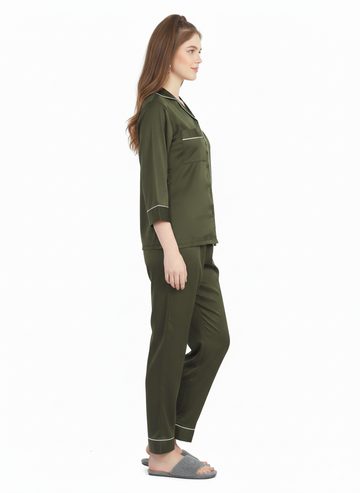 Olive Grove Armani Satin Nightsuit | Luxe Rizqé by Zadine Deep Khaki Pyjama Set