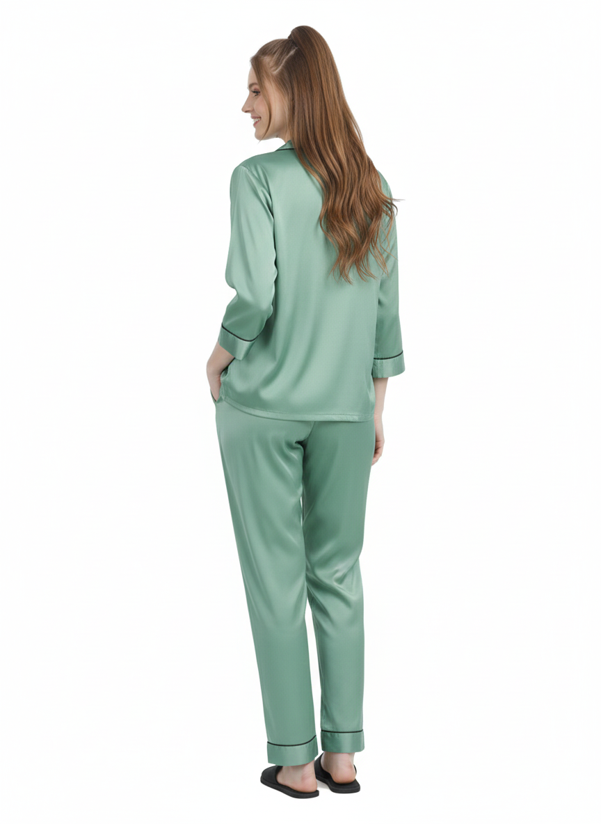 Mint Mist Satin Nightsuit | Premium  Rizqé by Zadine Sage Green Pyjama Set