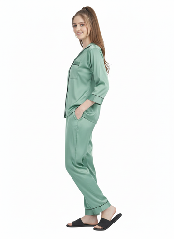 Mint Mist Satin Nightsuit | Premium  Rizqé by Zadine Sage Green Pyjama Set