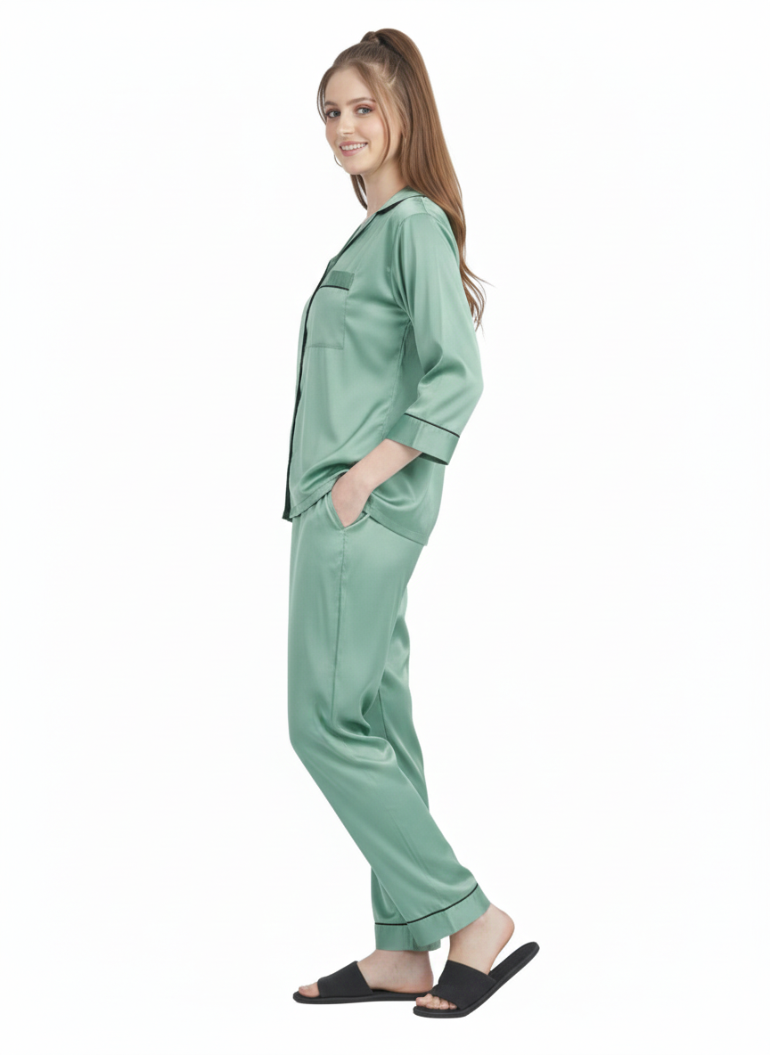 Mint Mist Satin Nightsuit | Premium  Rizqé by Zadine Sage Green Pyjama Set