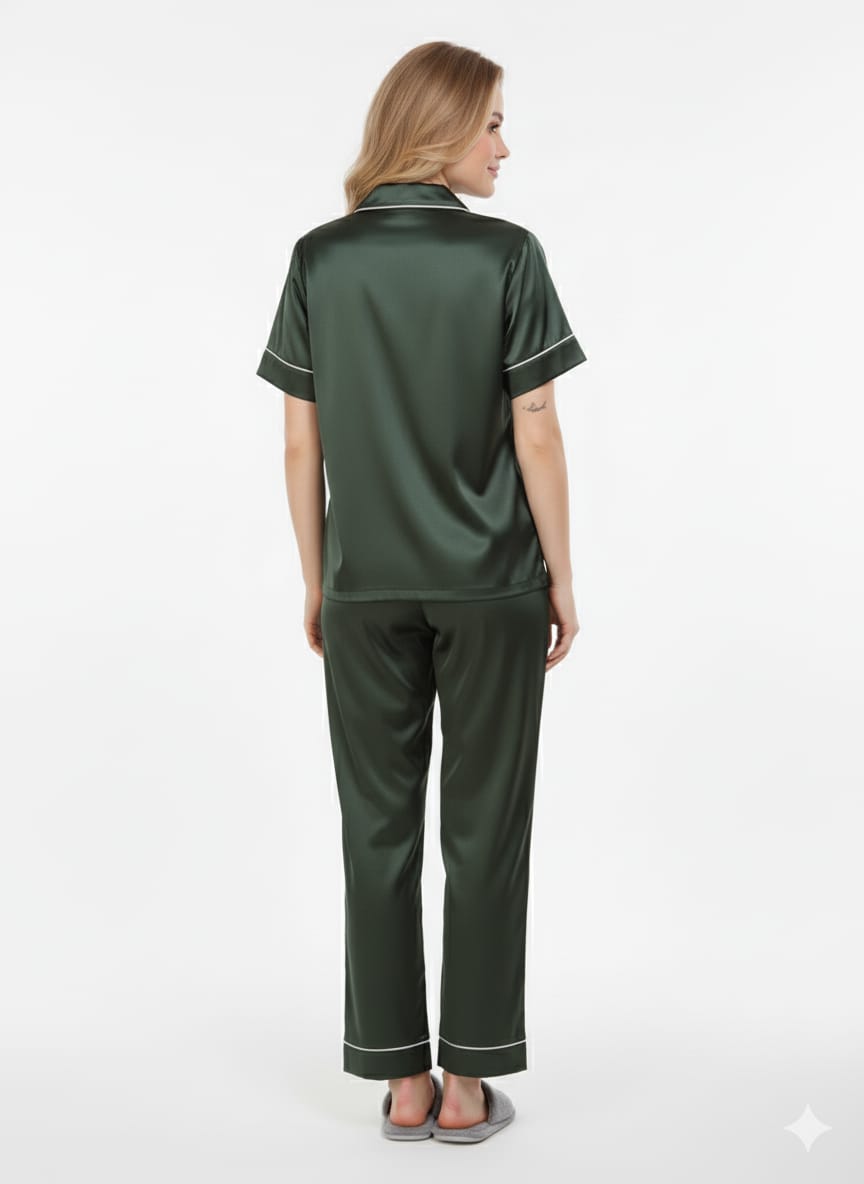 Dark Green Importe Italian Satin Nightsuit | Emerald Luxury Pajamas Set | Imported Silky Sleepwear