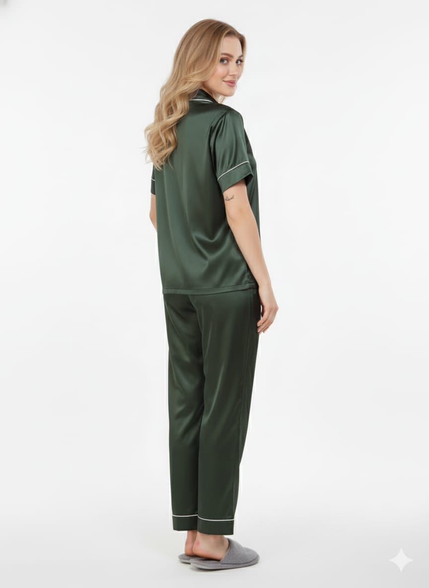 Dark Green Importe Italian Satin Nightsuit | Emerald Luxury Pajamas Set | Imported Silky Sleepwear