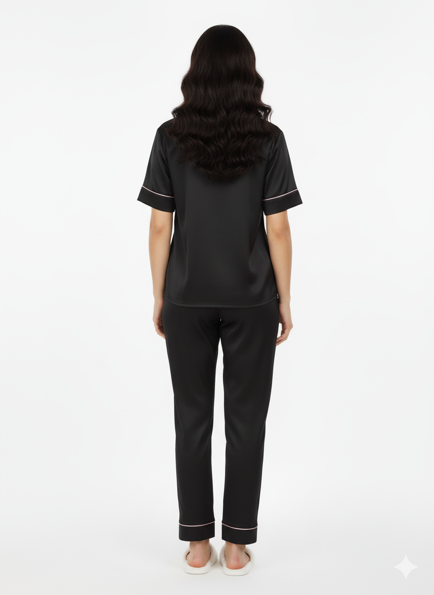 Black Italian Satin Nightsuit | Luxury Pajamas Set  | Premium Imported Silky Sleepwear