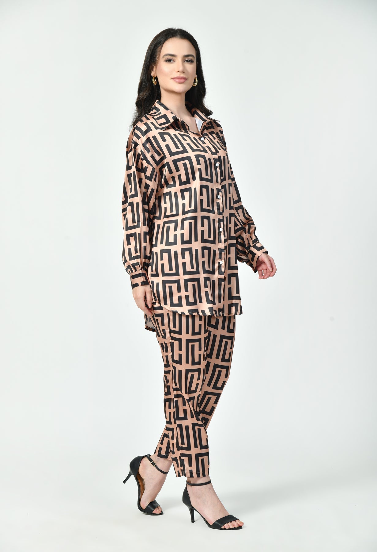 Geometric Print Modest Co-Ord Set Japanese Satin Luxury Modest Western Wear