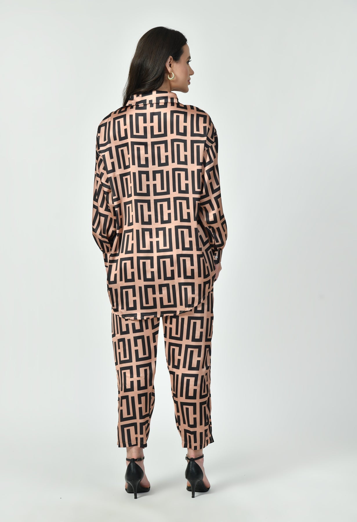 Geometric Print Modest Co-Ord Set Japanese Satin Luxury Modest Western Wear