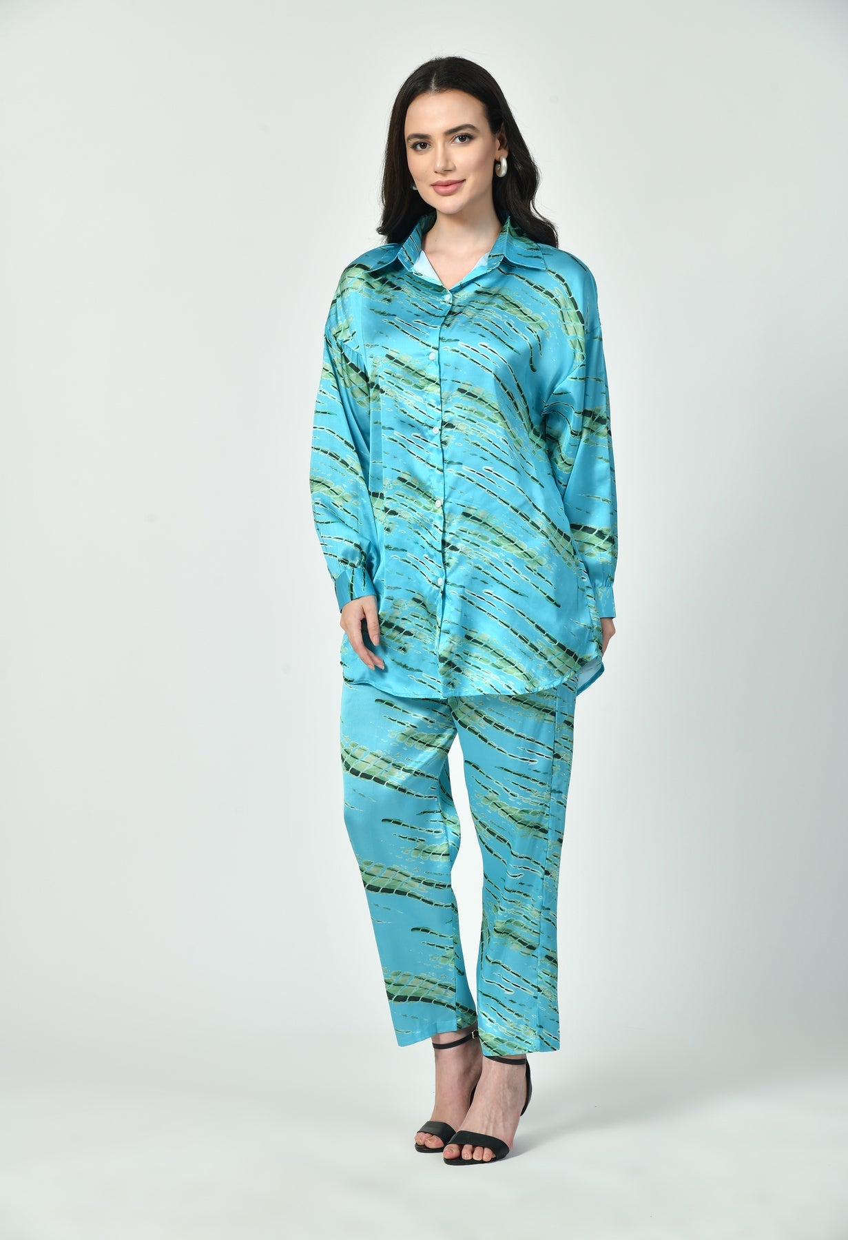 Modest Blue Satin Co-Ord Set for Women | Abstract Print 2 Piece Set by Rizqé
