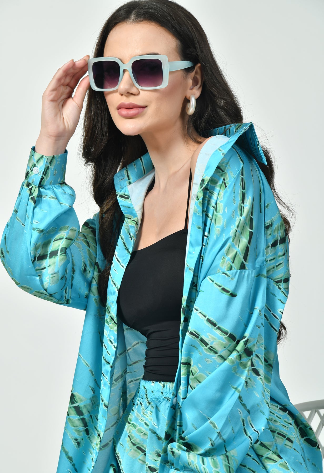 Modest Blue Satin Co-Ord Set for Women | Abstract Print 2 Piece Set by Rizqé