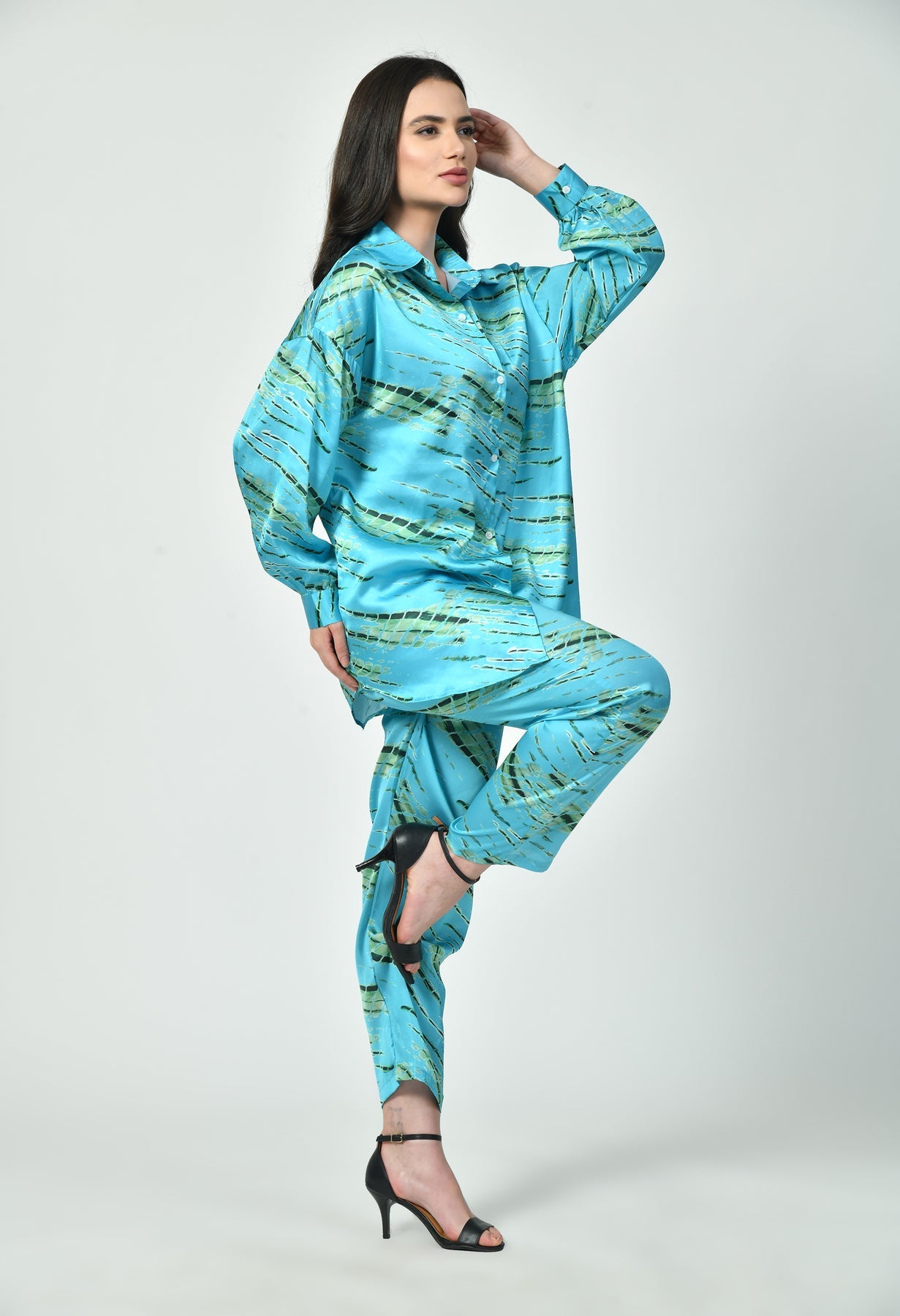 Modest Blue Satin Co-Ord Set for Women | Abstract Print 2 Piece Set by Rizqé