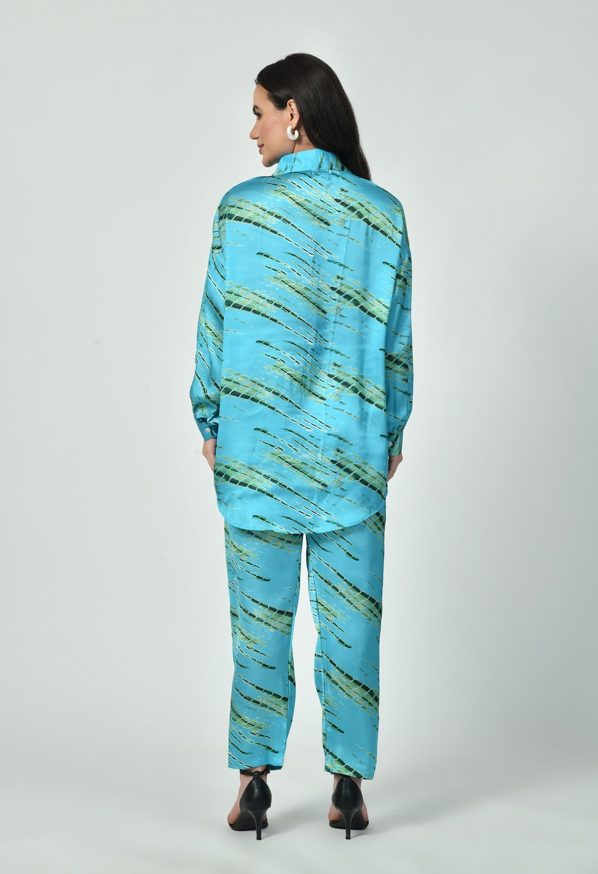 Modest Blue Satin Co-Ord Set for Women | Abstract Print 2 Piece Set by Rizqé