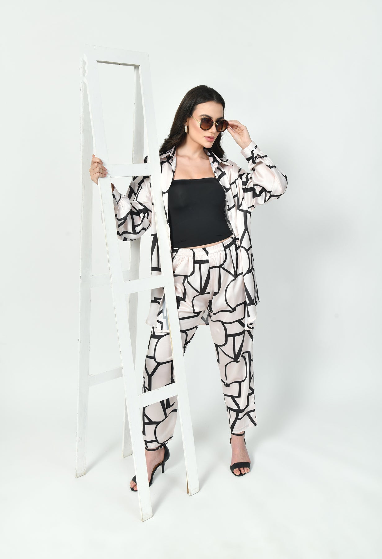 Abstract Geometric Line Art Co-Ord Set Japanese Satin Modest Wear