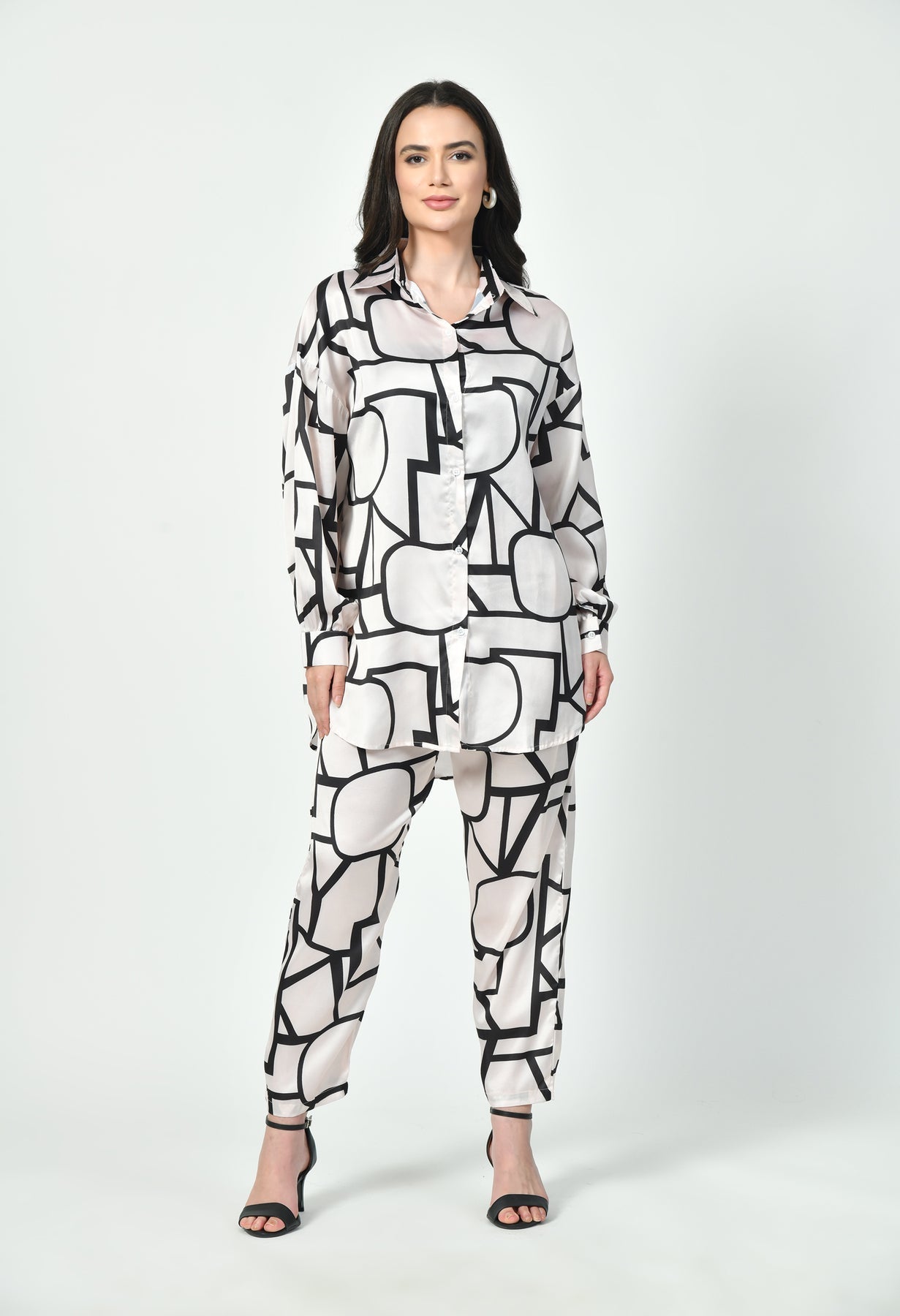 Abstract Geometric Line Art Co-Ord Set Japanese Satin Modest Wear