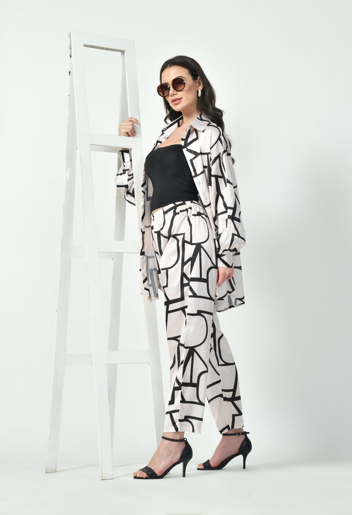 Abstract Geometric Line Art Co-Ord Set Japanese Satin Modest Wear