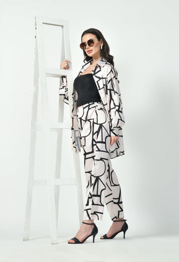 Abstract Geometric Line Art Co-Ord Set Japanese Satin Modest Wear