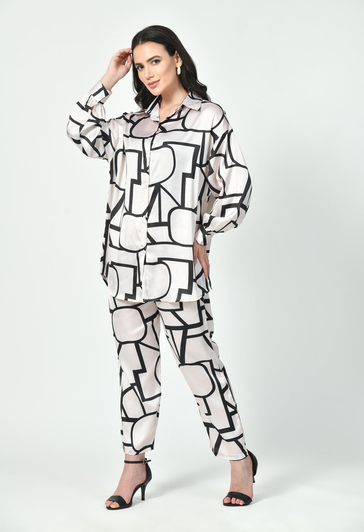Abstract Geometric Line Art Co-Ord Set Japanese Satin Modest Wear