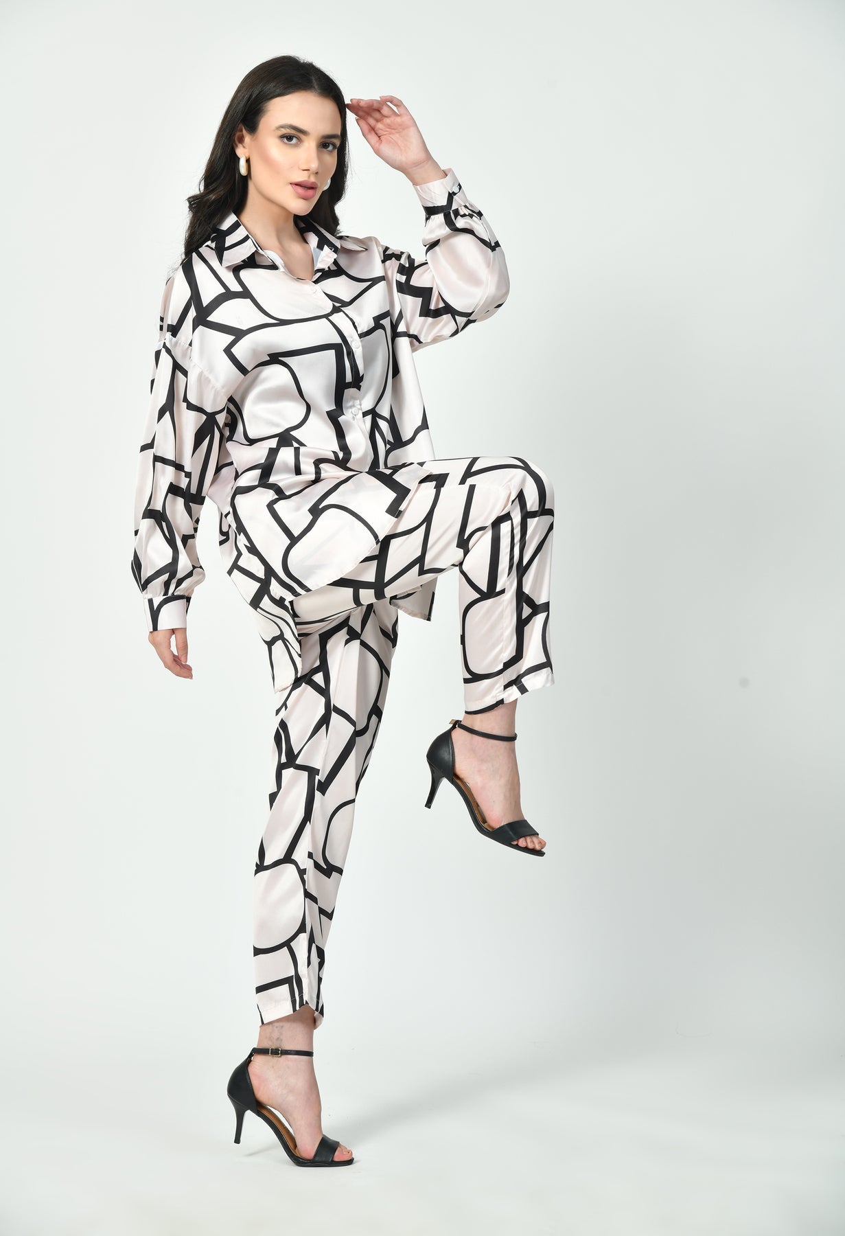 Abstract Geometric Line Art Co-Ord Set Japanese Satin Modest Wear