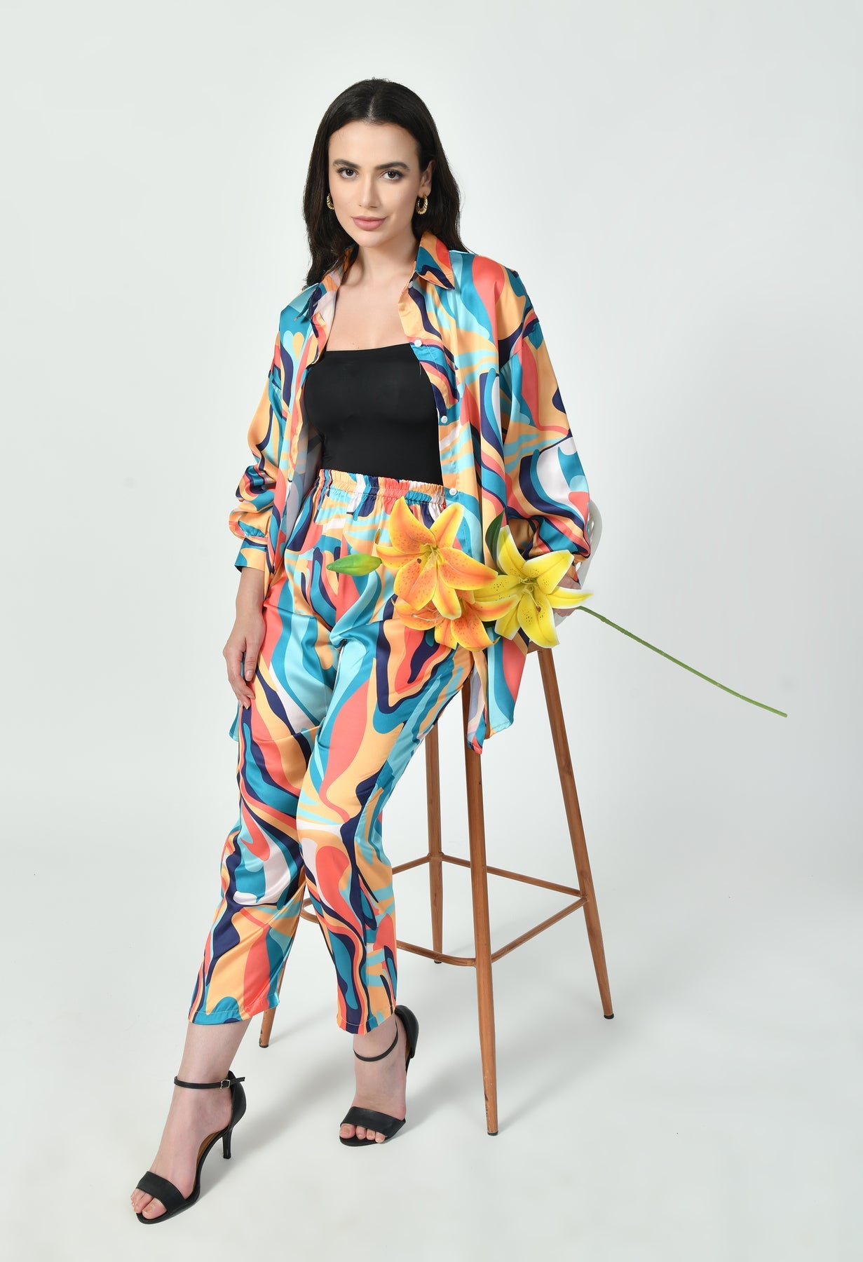 Multicolor Wave Print Luxury Modest Co-Ord Set Japanese Satin Western Wear