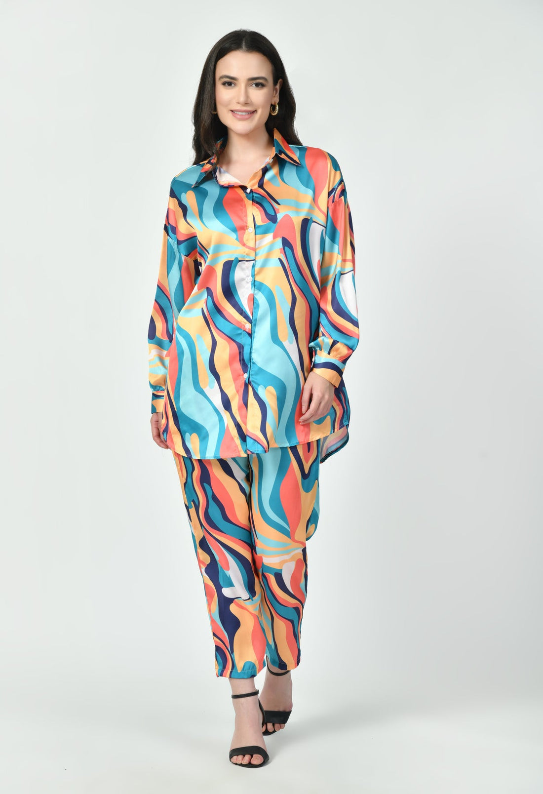 Multicolor Wave Print Luxury Modest Co-Ord Set Japanese Satin Western Wear
