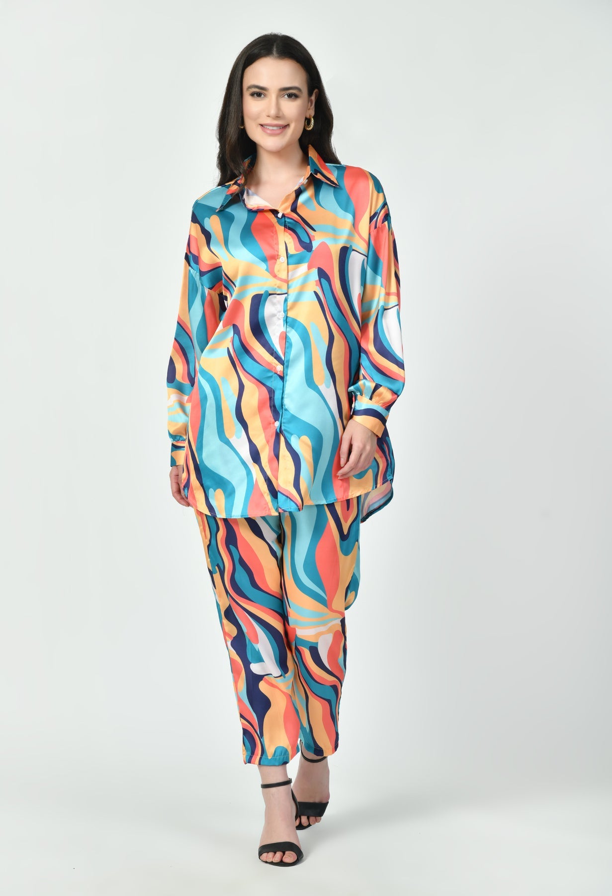 Multicolor Wave Print Luxury Modest Co-Ord Set Japanese Satin Western Wear
