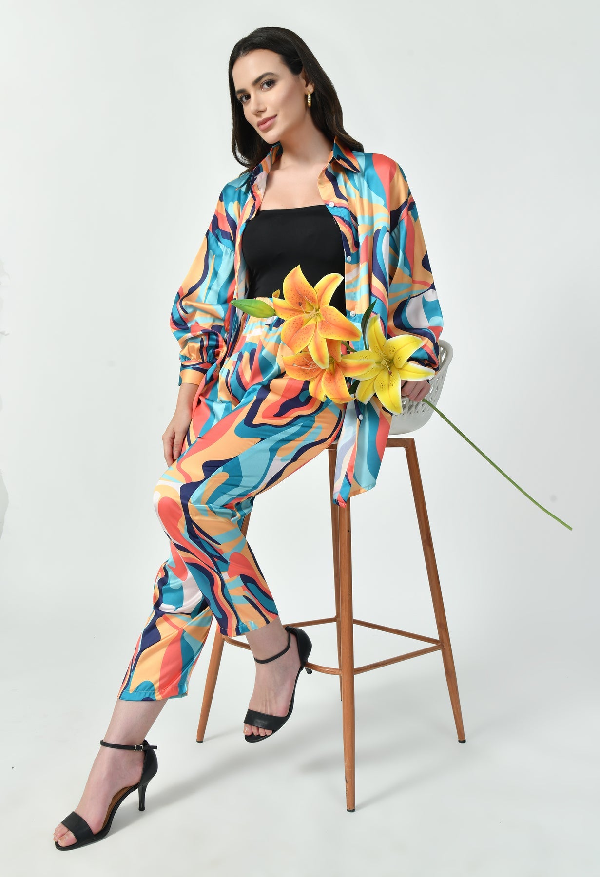 Multicolor Wave Print Luxury Modest Co-Ord Set Japanese Satin Western Wear