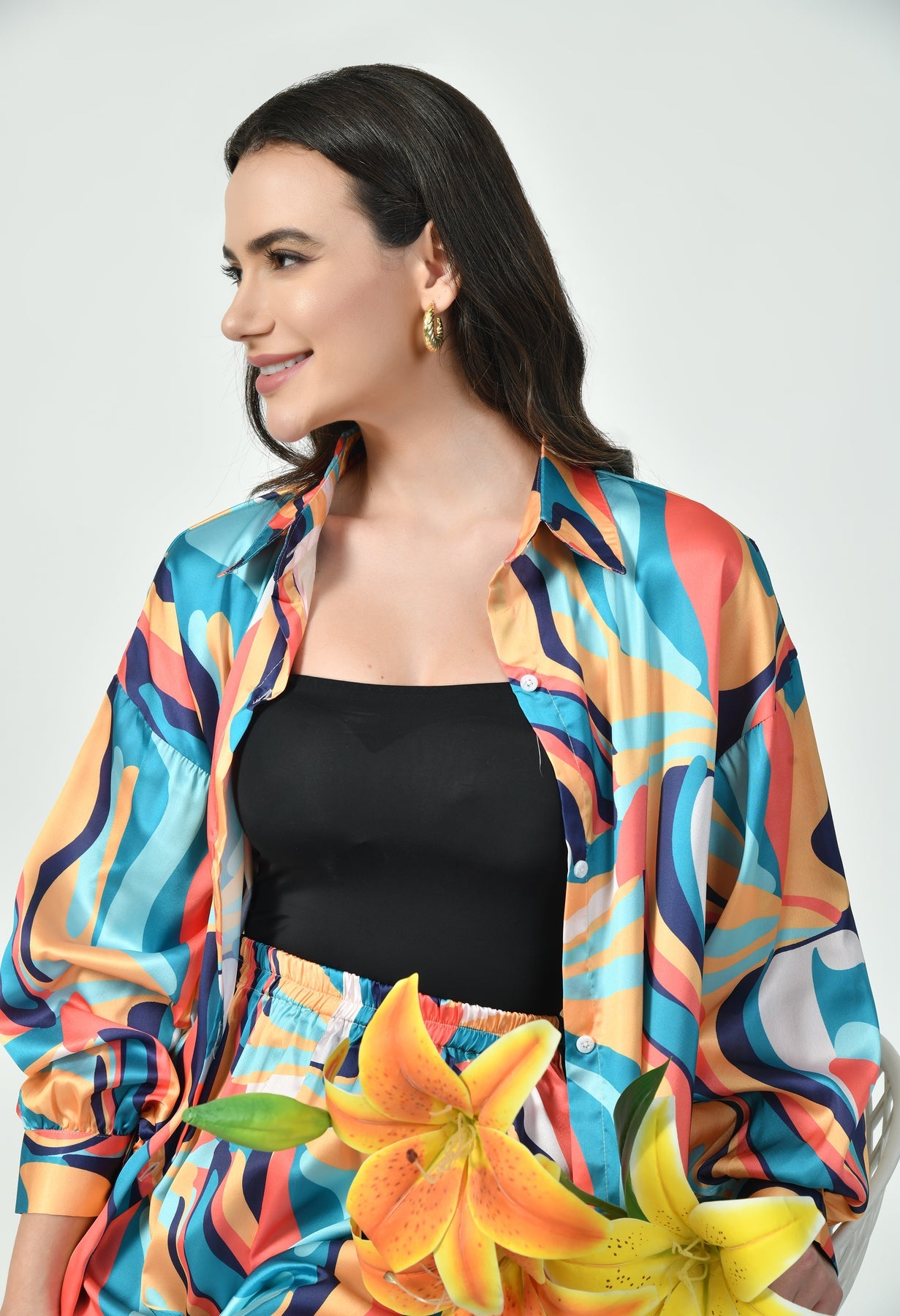 Multicolor Wave Print Luxury Modest Co-Ord Set Japanese Satin Western Wear