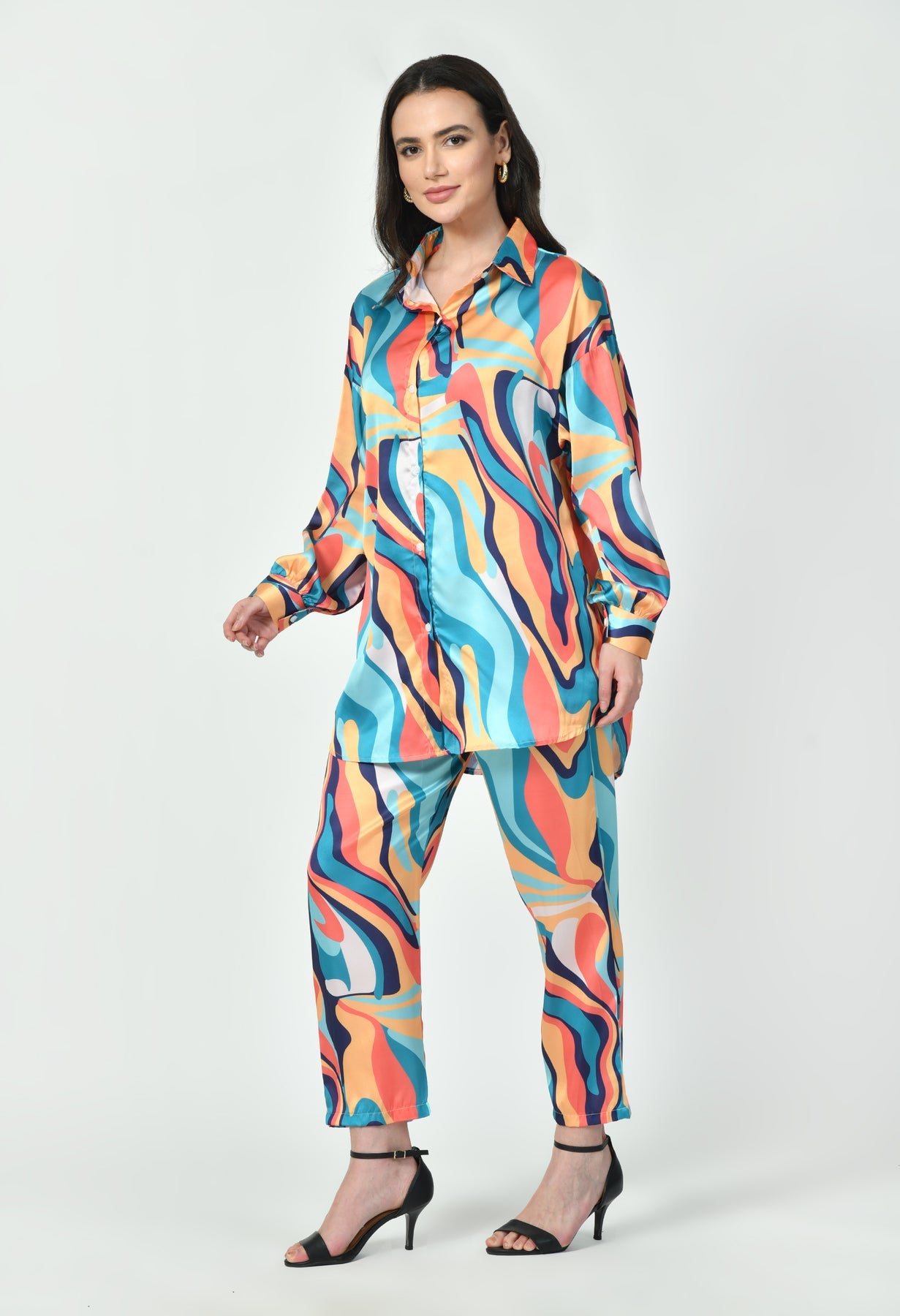 Multicolor Wave Print Luxury Modest Co-Ord Set Japanese Satin Western Wear