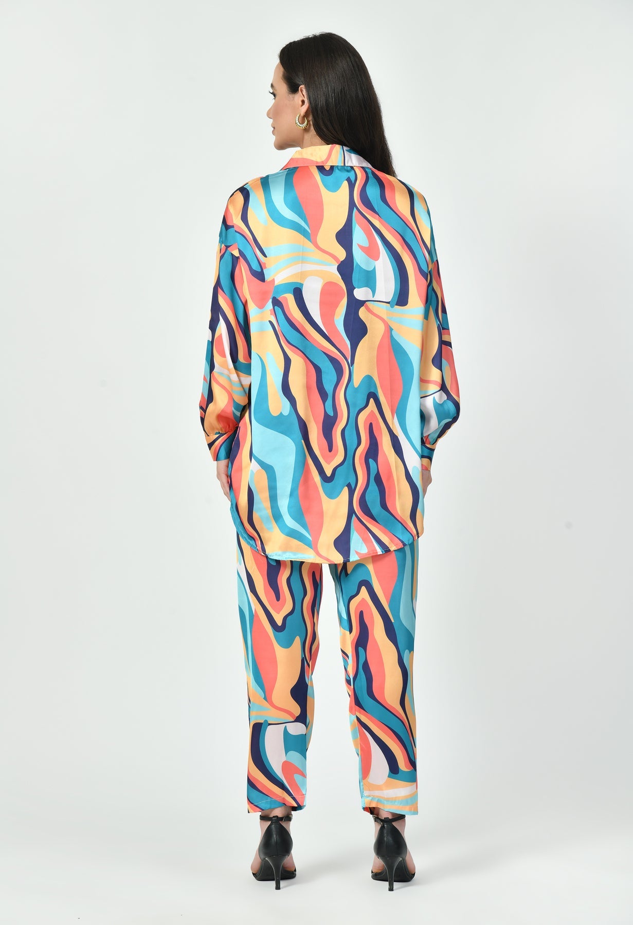 Multicolor Wave Print Luxury Modest Co-Ord Set Japanese Satin Western Wear