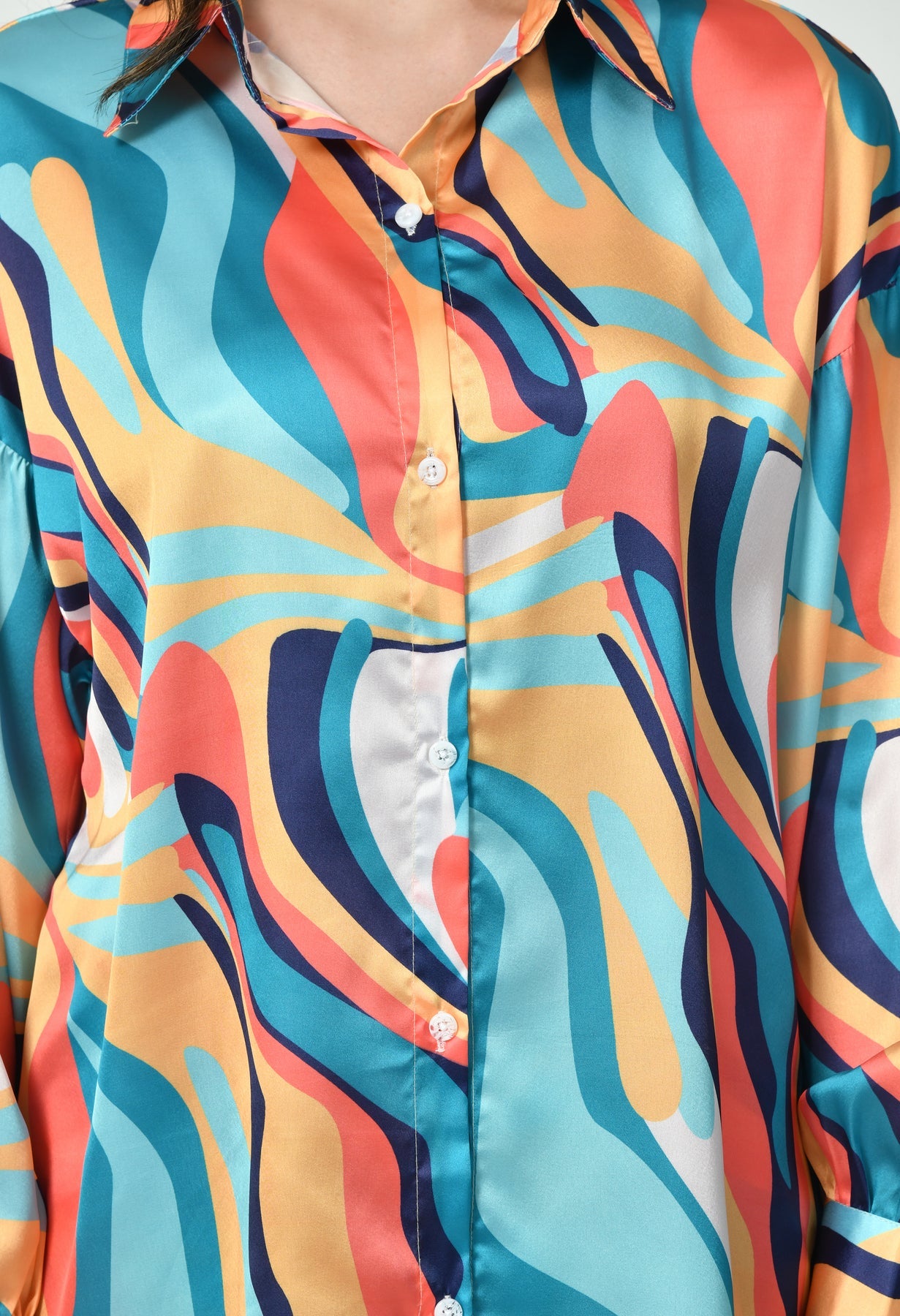 Multicolor Wave Print Luxury Modest Co-Ord Set Japanese Satin Western Wear
