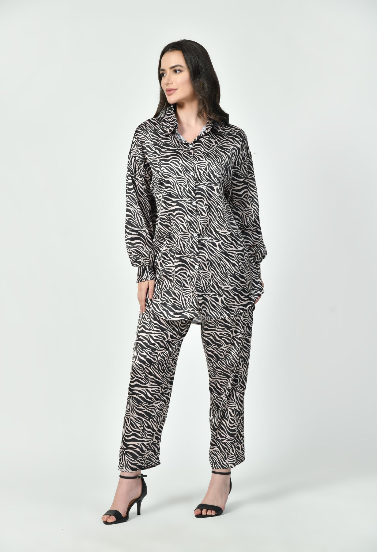 Black & Brown Zebra Print Modest Co-Ord Set Japanese Satin Premium Western Wear