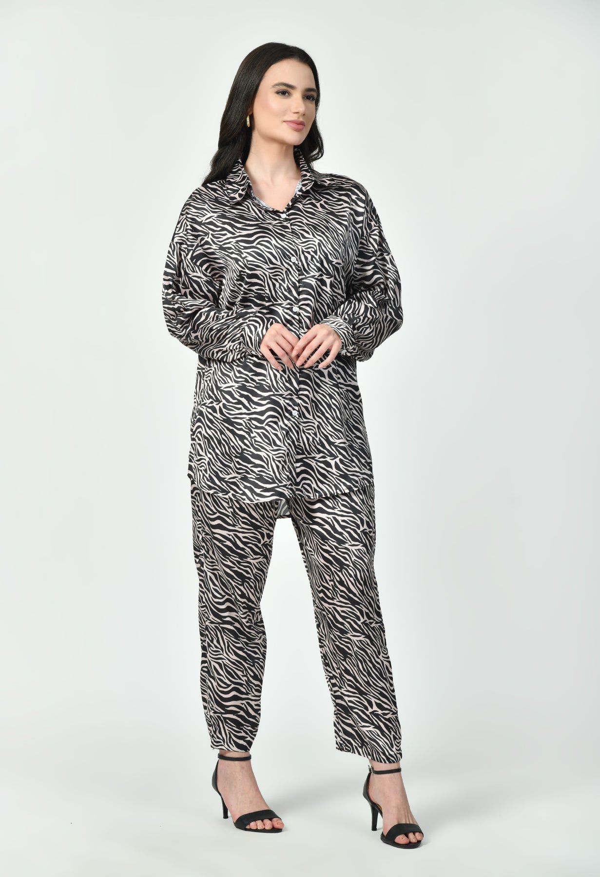 Black & Brown Zebra Print Modest Co-Ord Set Japanese Satin Premium Western Wear