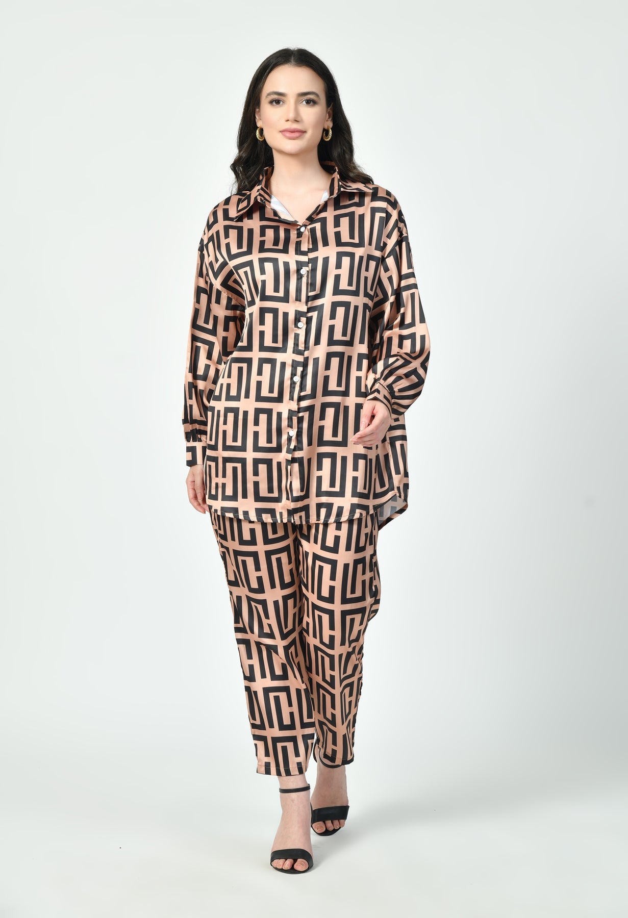 Geometric Print Modest Co-Ord Set Japanese Satin Luxury Modest Western Wear