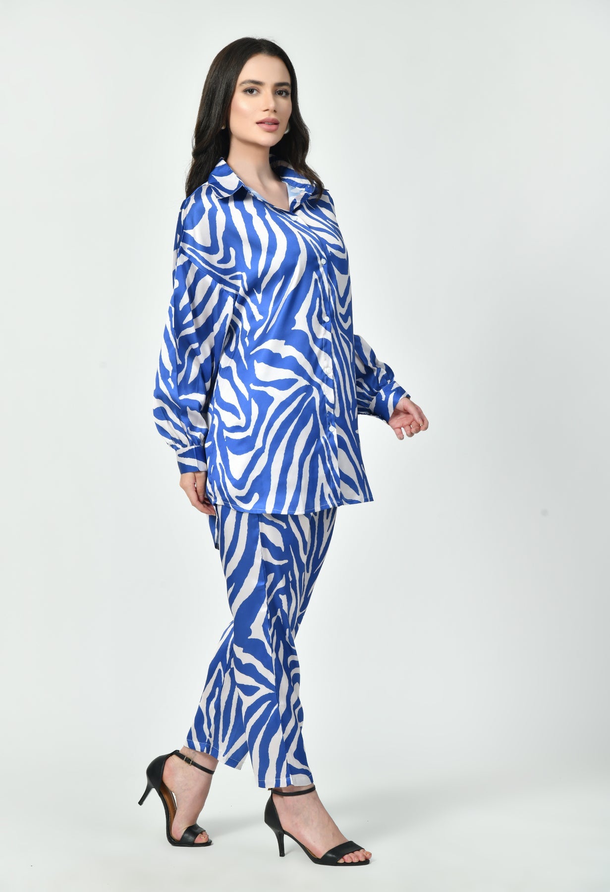 Modest Co-Ord Set Japanese Satin Blue Zebra Print Stylish Modest Western Wear