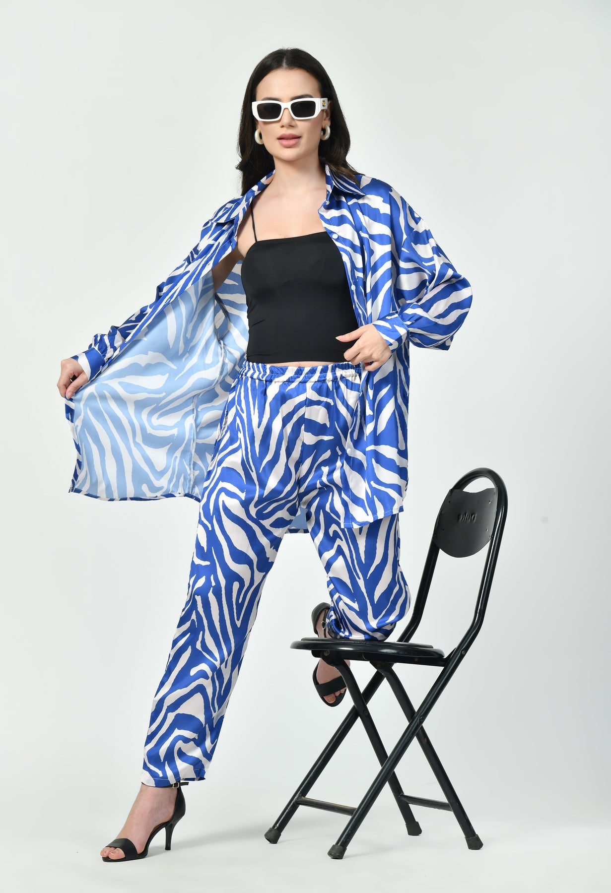 Modest Co-Ord Set Japanese Satin Blue Zebra Print Stylish Modest Western Wear