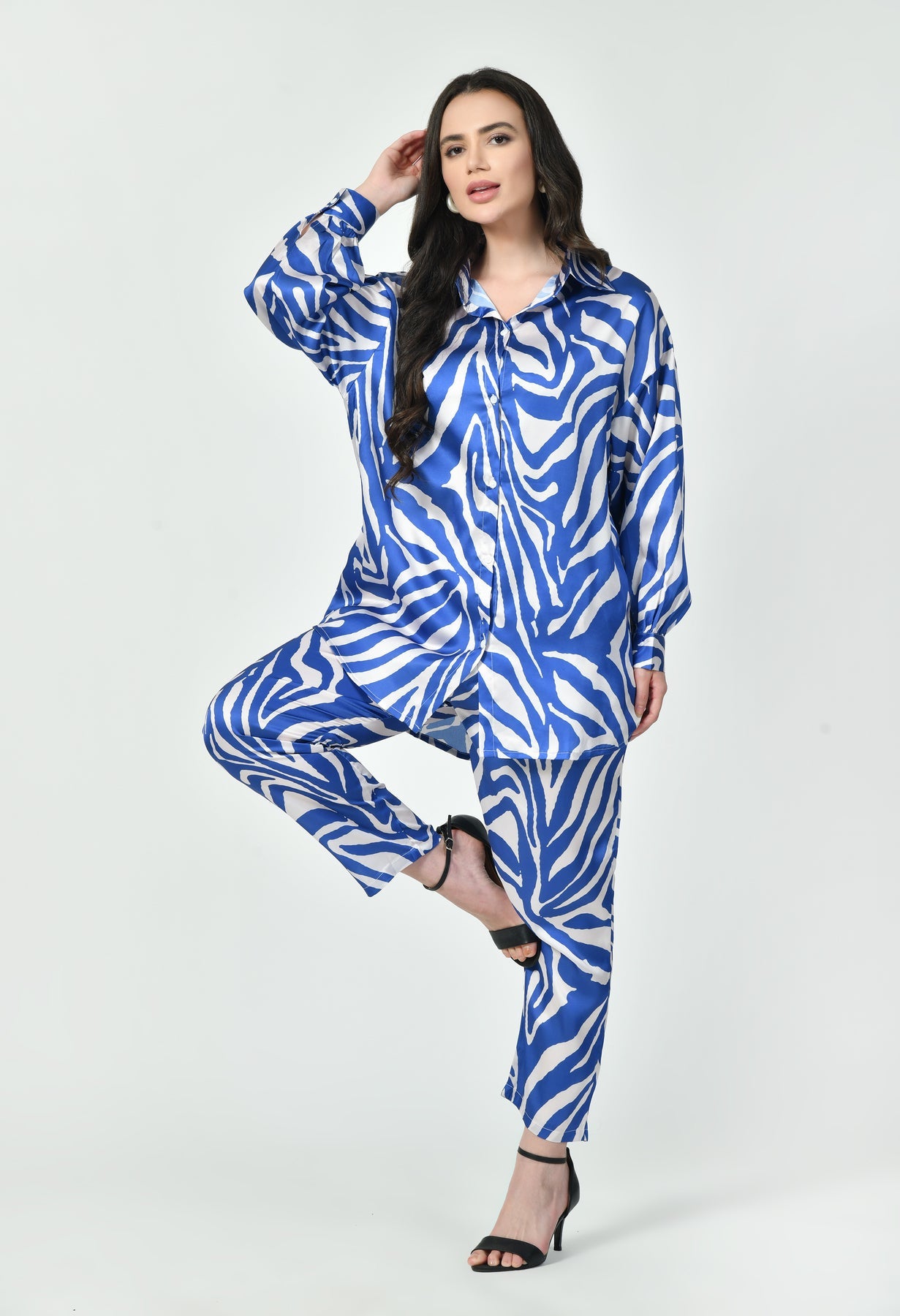 Modest Co-Ord Set Japanese Satin Blue Zebra Print Stylish Modest Western Wear