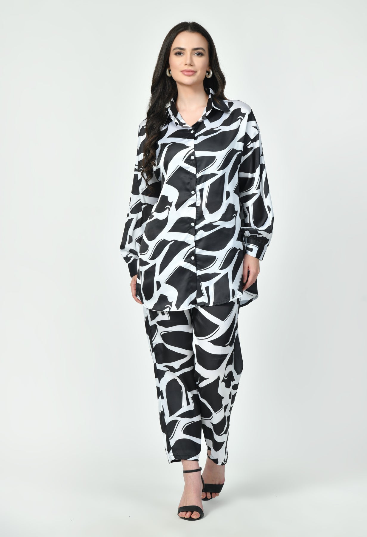 Black & White Abstract Print Co-ord Set Luxury Modest Western Wear Japanese Satin