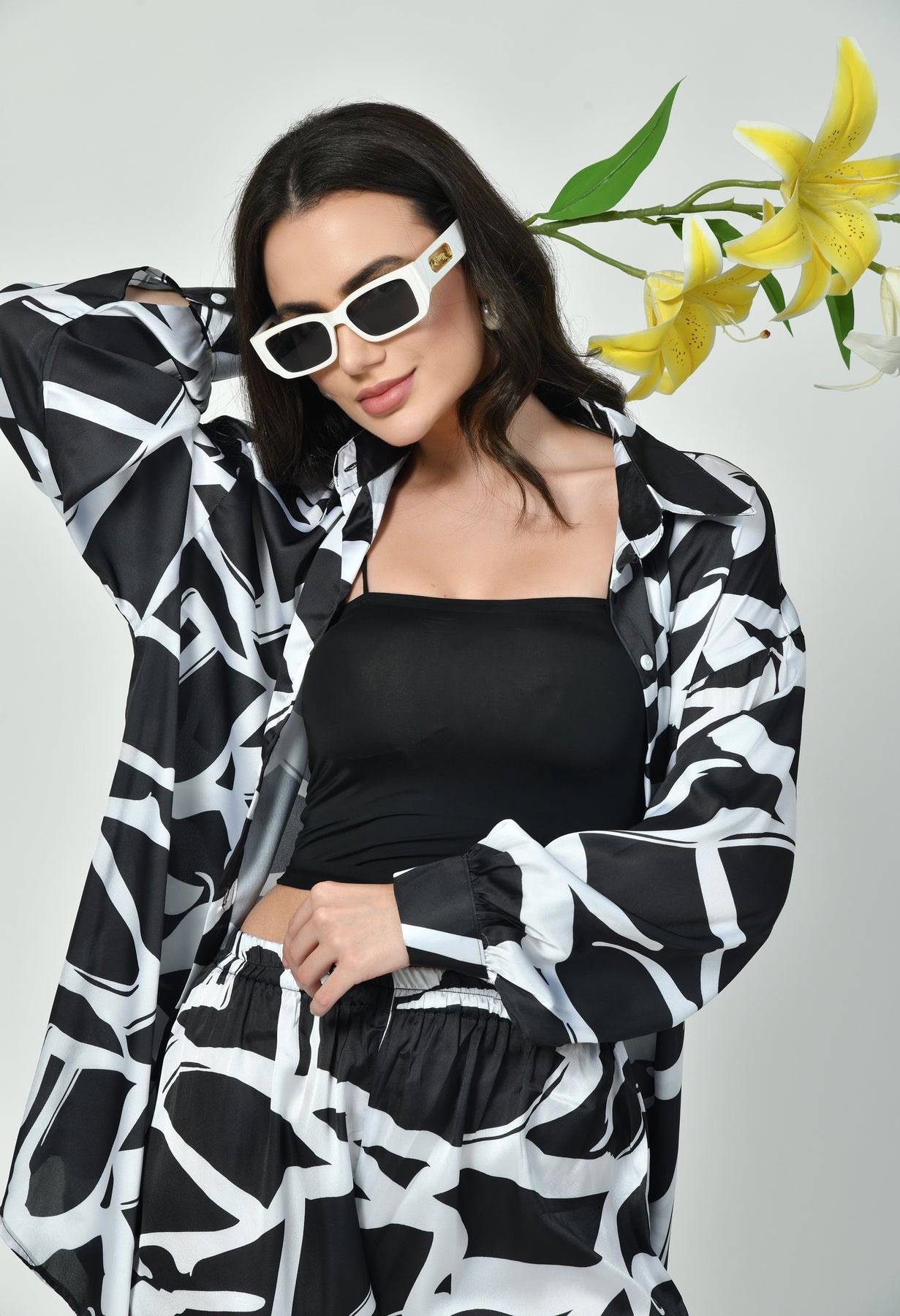 Black & White Abstract Print Co-ord Set Luxury Modest Western Wear Japanese Satin