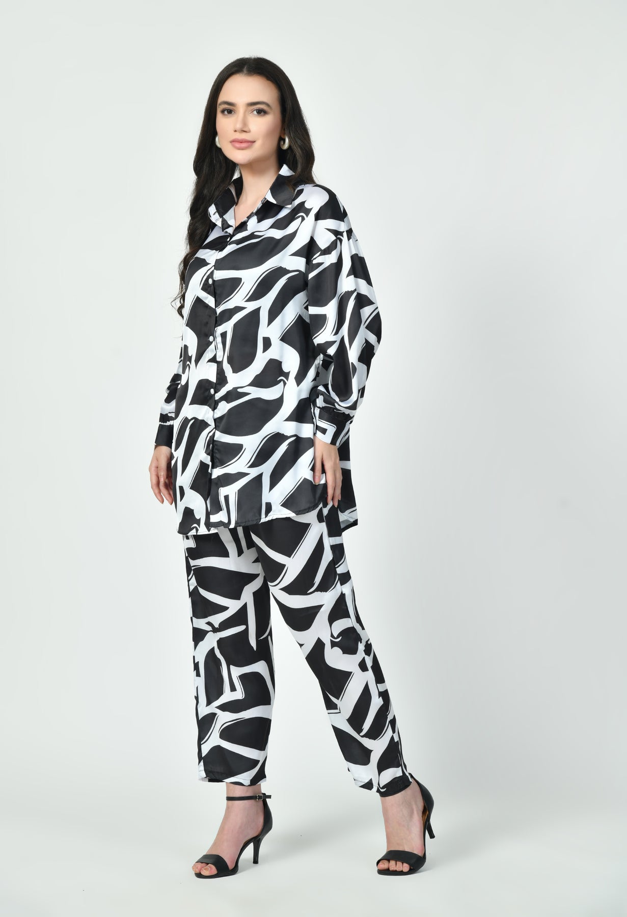 Black & White Abstract Print Co-ord Set Luxury Modest Western Wear Japanese Satin