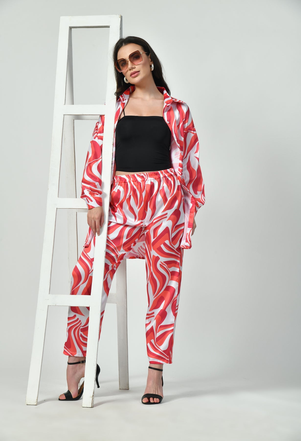 Red Swirl Print Modest Co-Ord Set Japanese Satin Trendy Modest Western Wear