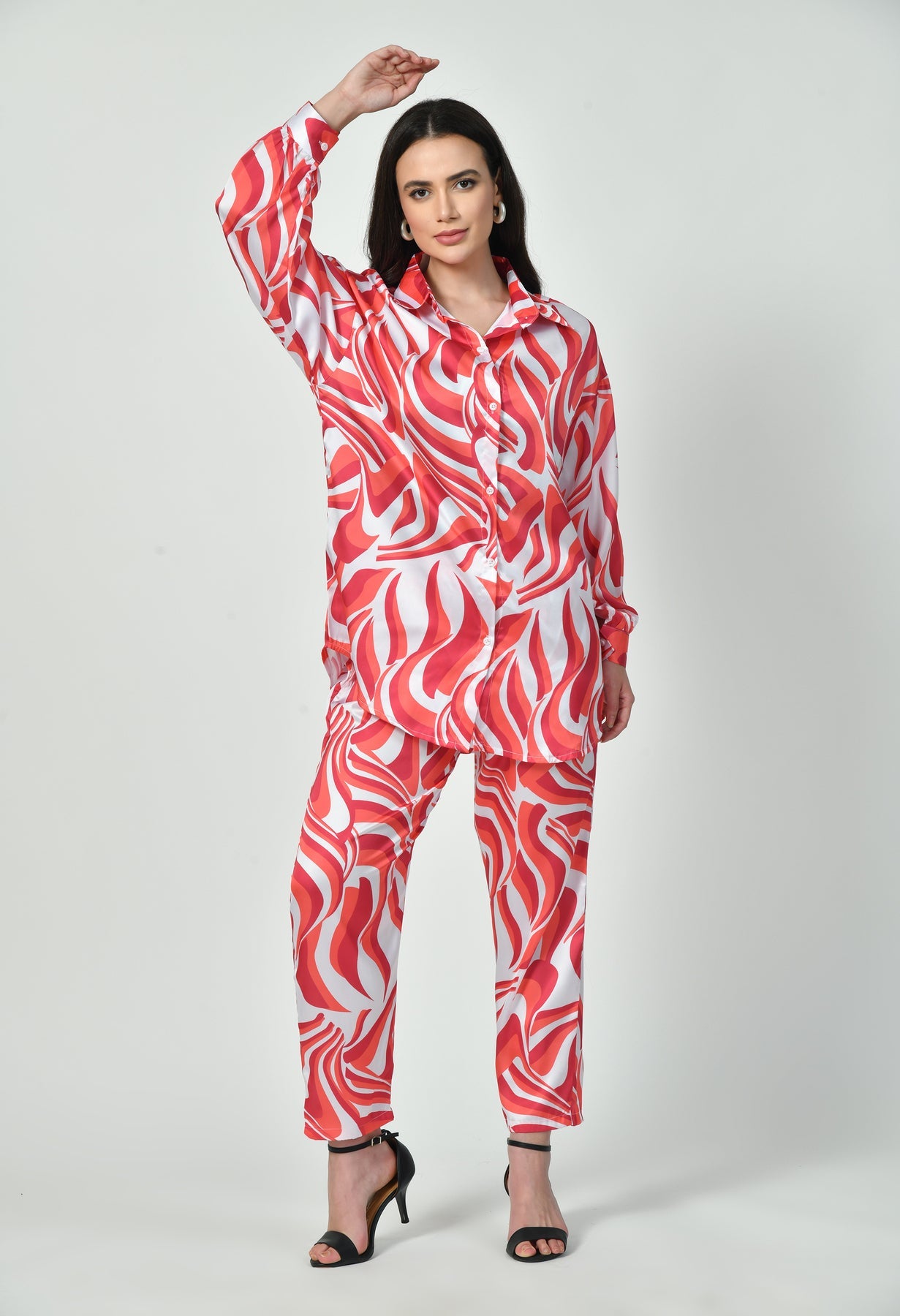 Red Swirl Print Modest Co-Ord Set Japanese Satin Trendy Modest Western Wear