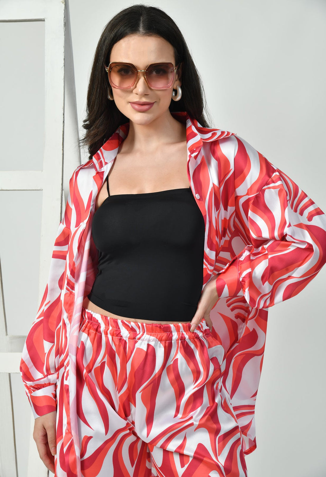 Red Swirl Print Modest Co-Ord Set Japanese Satin Trendy Modest Western Wear
