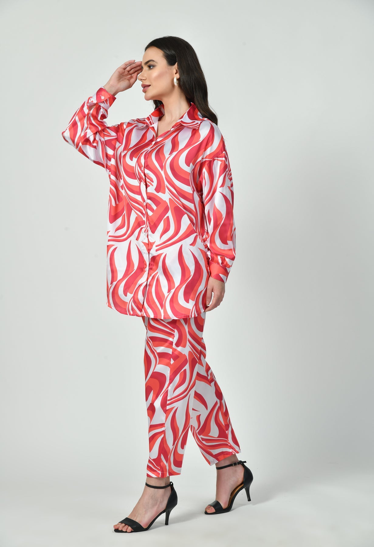 Red Swirl Print Modest Co-Ord Set Japanese Satin Trendy Modest Western Wear