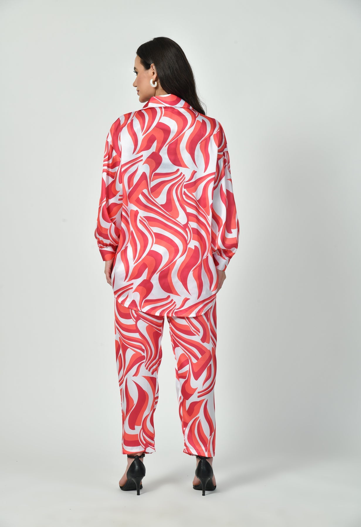 Red Swirl Print Modest Co-Ord Set Japanese Satin Trendy Modest Western Wear