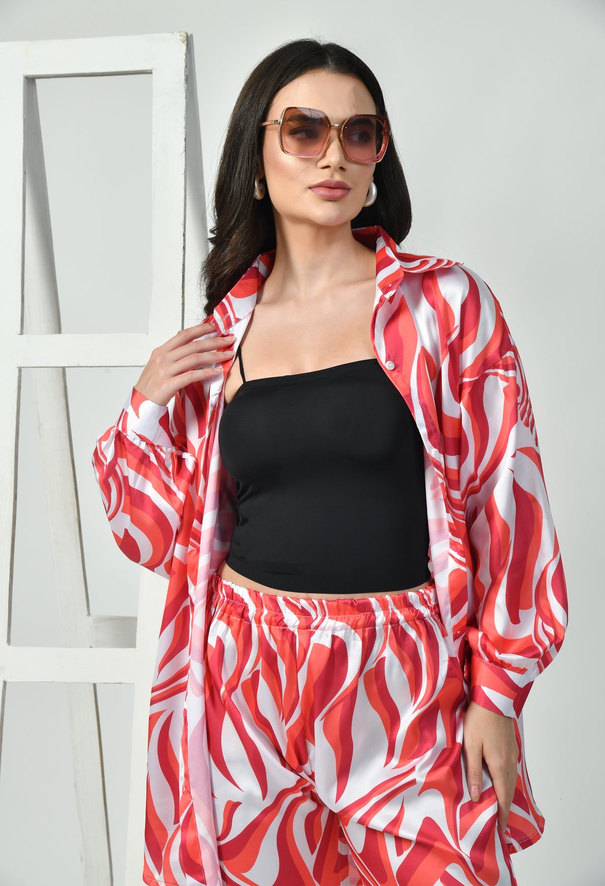 Red Swirl Print Modest Co-Ord Set Japanese Satin Trendy Modest Western Wear