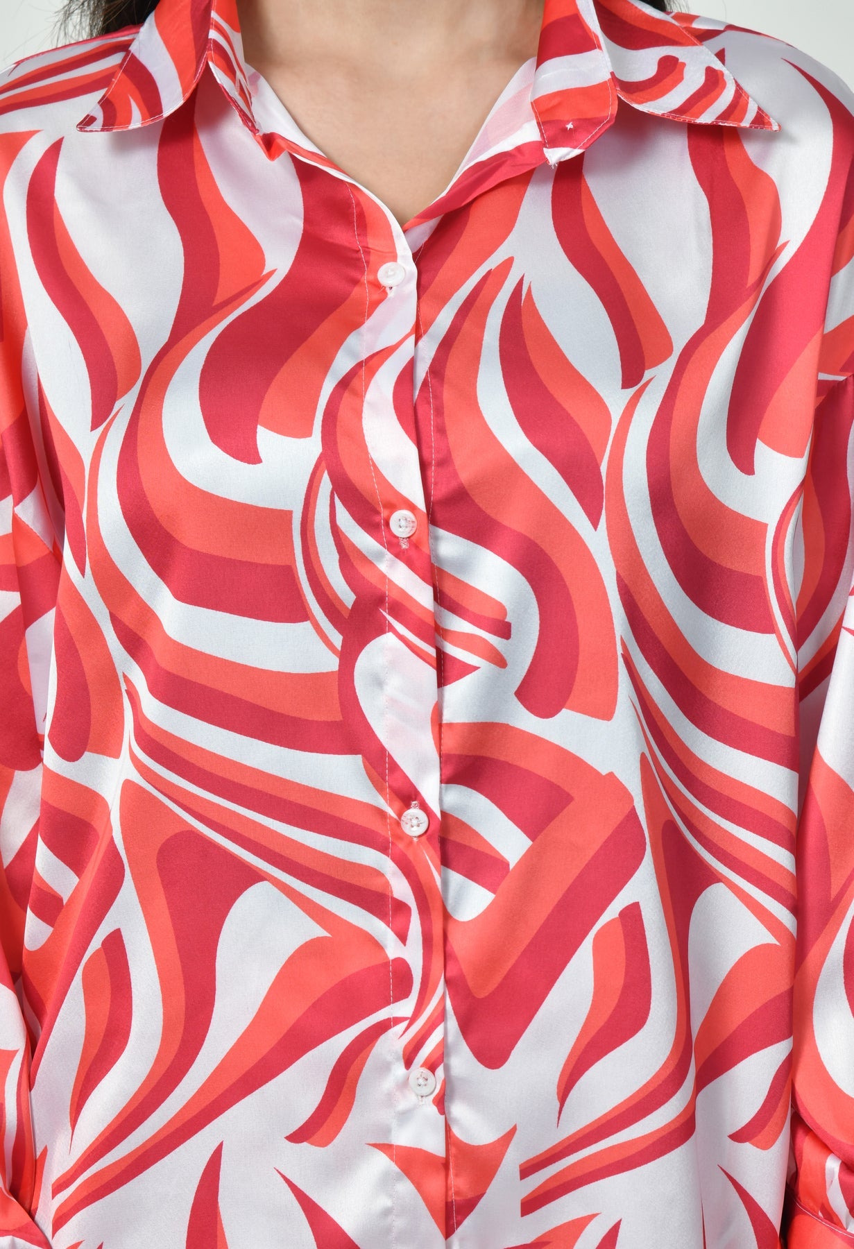 Red Swirl Print Modest Co-Ord Set Japanese Satin Trendy Modest Western Wear